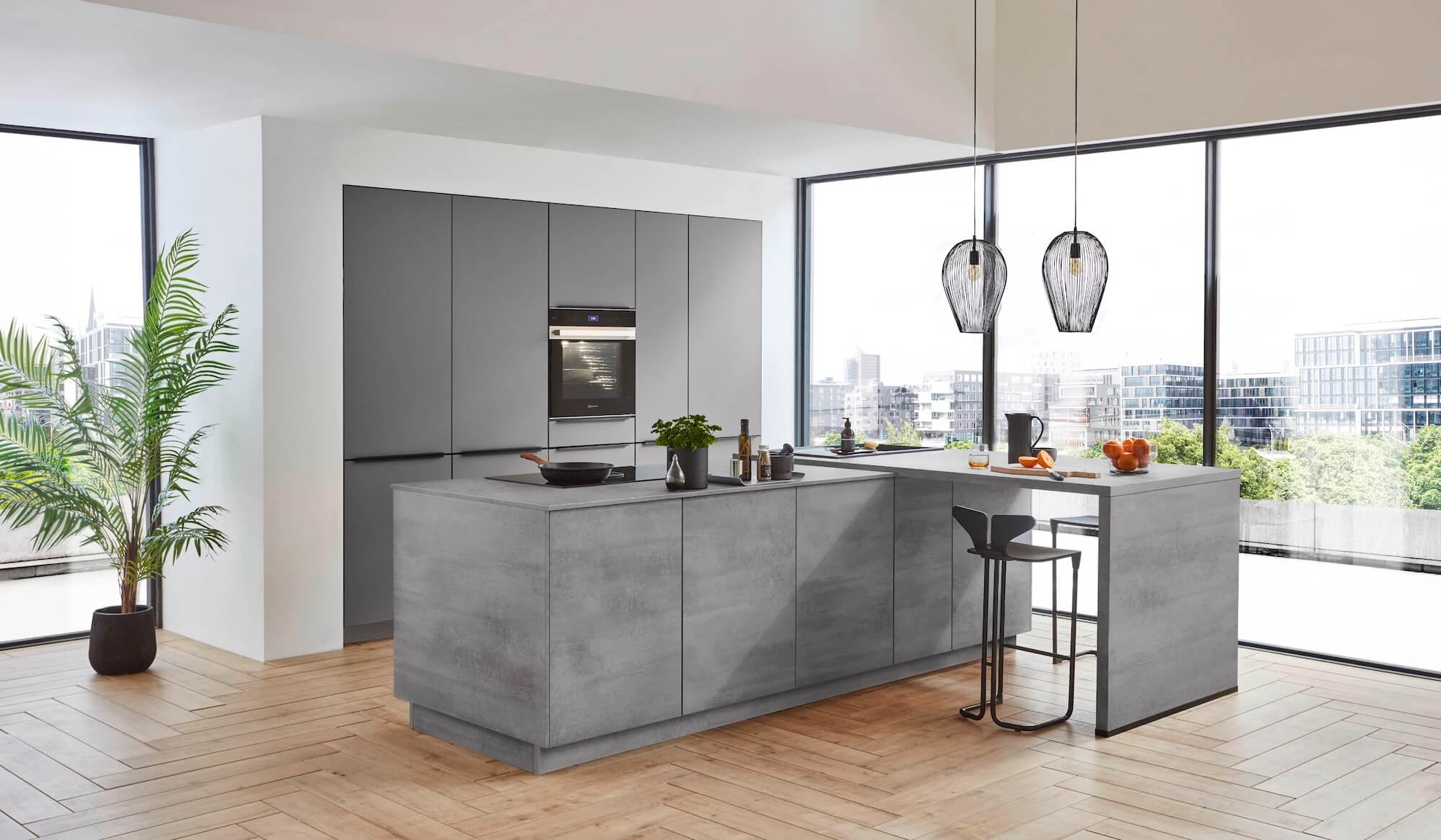 nobilia inselküche modern mit tresen Easytouch grau beton optik