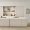 Nobilia Cabra Designküche Sand mit Kochinsel und Hochschrankwand mit beleuchteter Nische